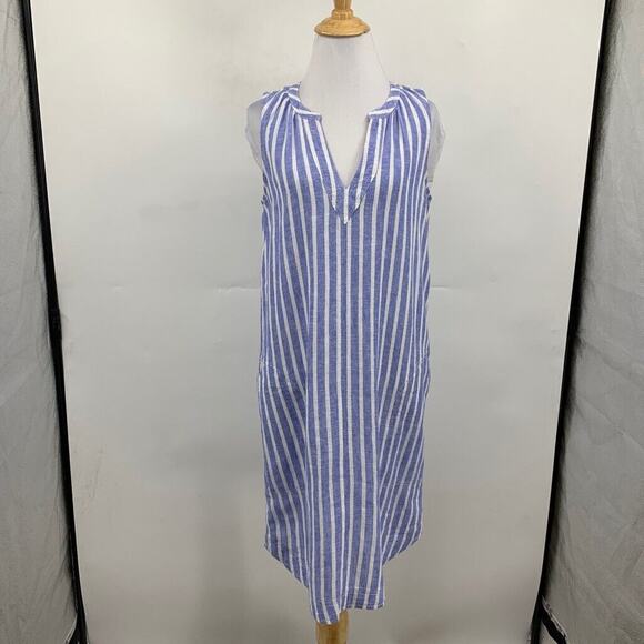 BeachLunchLounge Dress Women S Small Blue White Stripe Linen Blend Tally V Neck - Picture 2 of 11